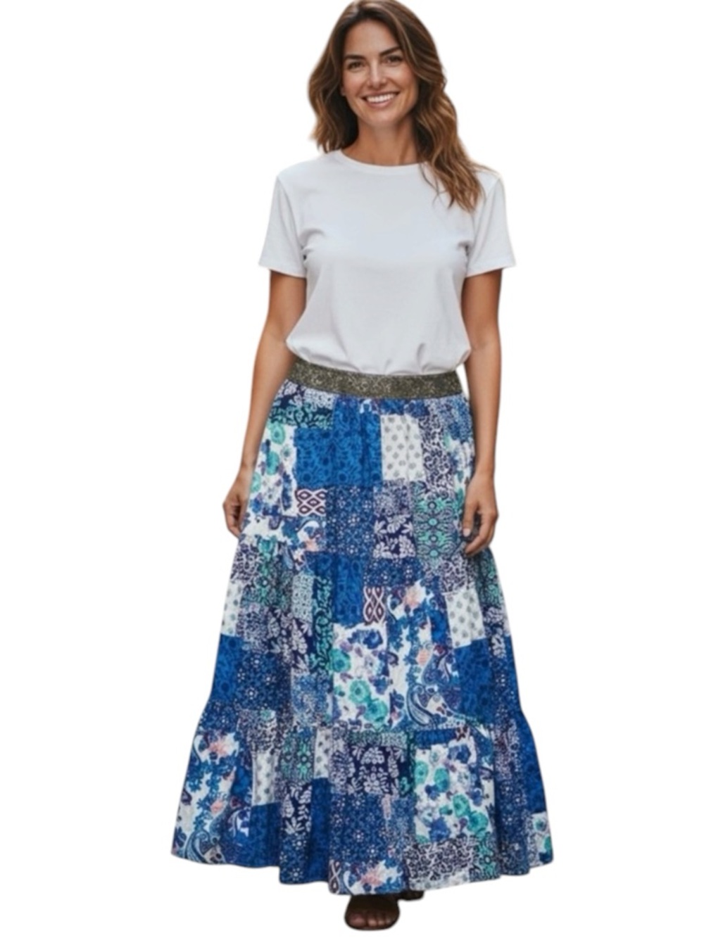 Rusttydustty Boho Blue Patchwork Maxi Skirt XL Embellished Waistband Festival EU - Picture 11 of 11